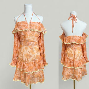 Floral Top and Skirt Set Women Size Large Orange Off Shoulder Ruffle Chiffon